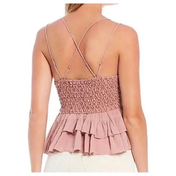 Free People FP One Adella‎ Cami Dusty Rose Lace Tiered Ruffle Boho Top Small - Image 3