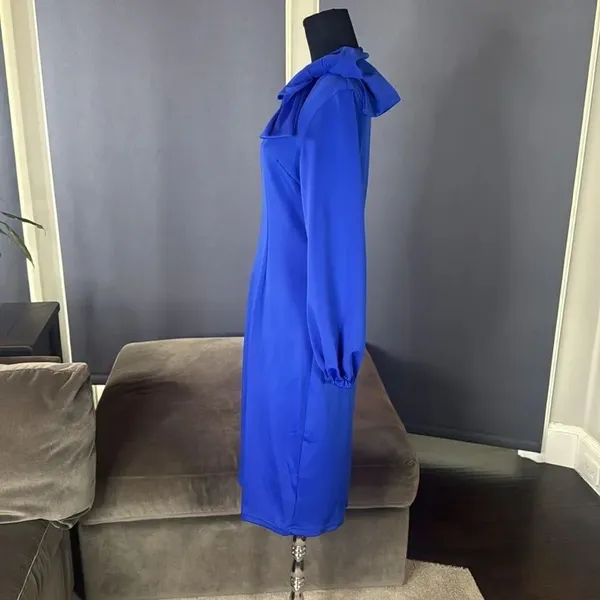 Women’s Blue Long Sleeve Midi Pencil Dress with Bow Detail Size M NEW - Image 5