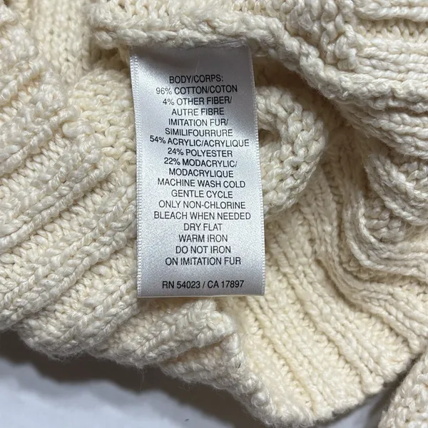 Vtg Old Navy Cable Knit Sweater Zip Up Faux Fur Collar Cream Beige Y2K XL - Image 7