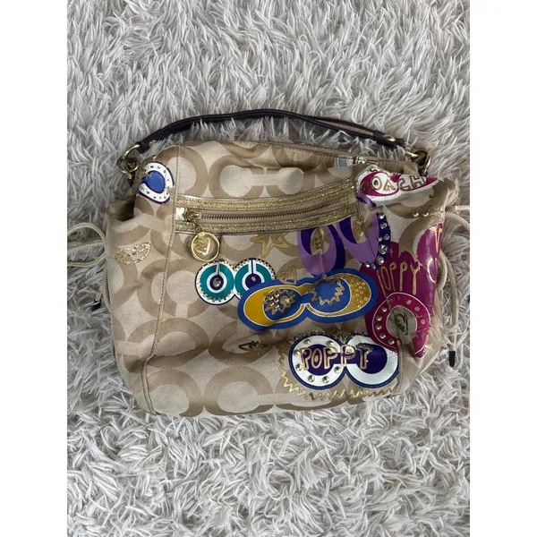 Vintage Coach Poppy Graffiti Glam Shoulder Bag Khaki Monogram Multicolor Sparkle - Image 2