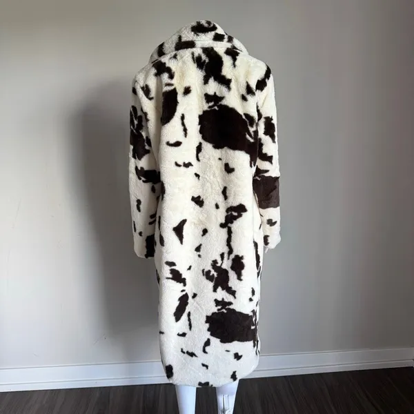 Stoosh Cow Print Faux Fur Coat Dark Brown Crème NWOT - Image 5