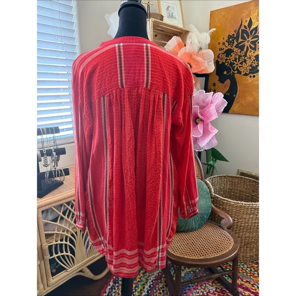 Free People Red Metallic Long Sleeve Popover Boho Hippie Tunic Blouse Top - Image 2