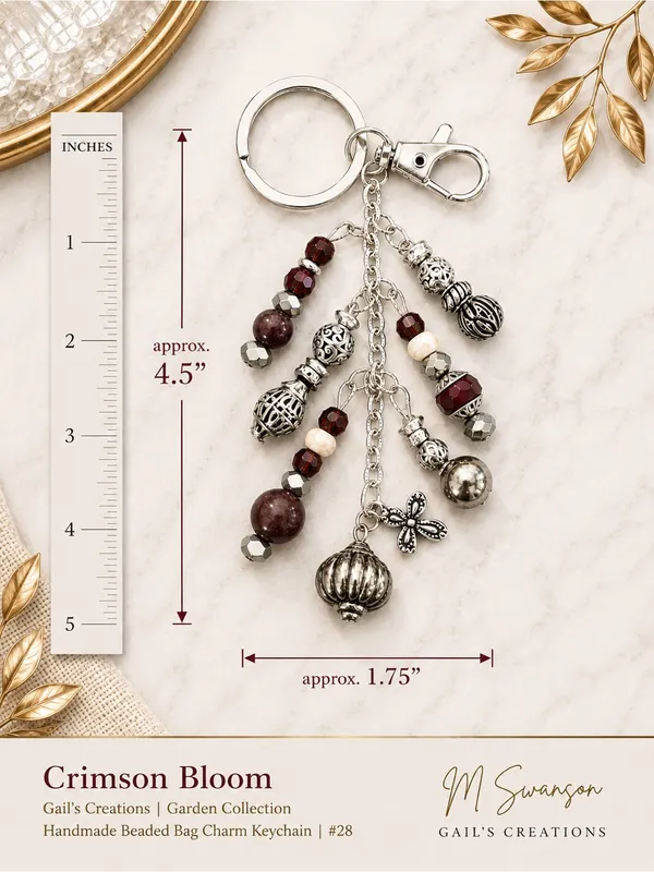 NEW One of a Kind Crimson Bloom Handmade Beaded Bag Charm Keychain (#28) - Image 4