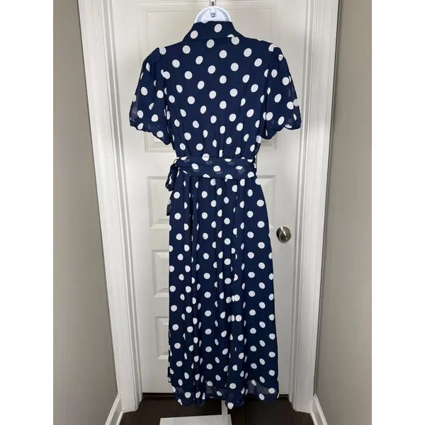 Studio One‎ Navy Polka Dot Midi Dress Tie Waist Button Front S Parisian Coquette - Image 4
