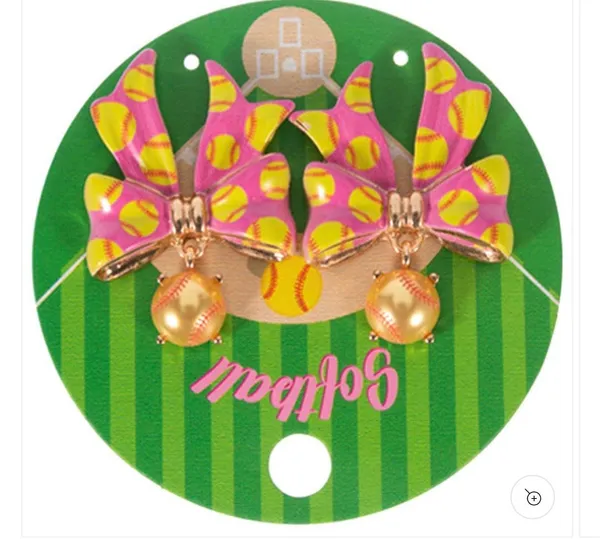 Softball Pink Bow Drop Earrings - Image 2