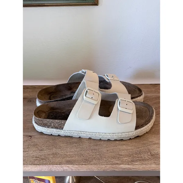 Bio Green Spain Ivory White Leather‎ Double Strap Buckle Slide Sandals 39 | 8 - Image 11
