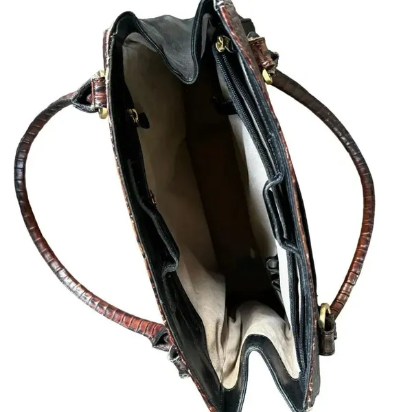 Vintage BRAHMIN Tuscan Black Leather Brown Croc Leather Trims Bucket Bag - Image 9