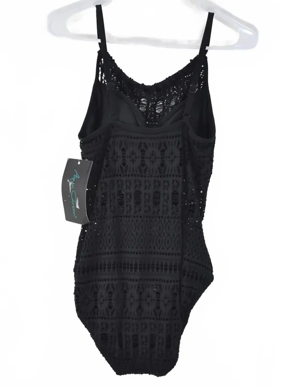 Aqua Green Crochet High Neck Black One Piece Swimsuit Medium - Image 5
