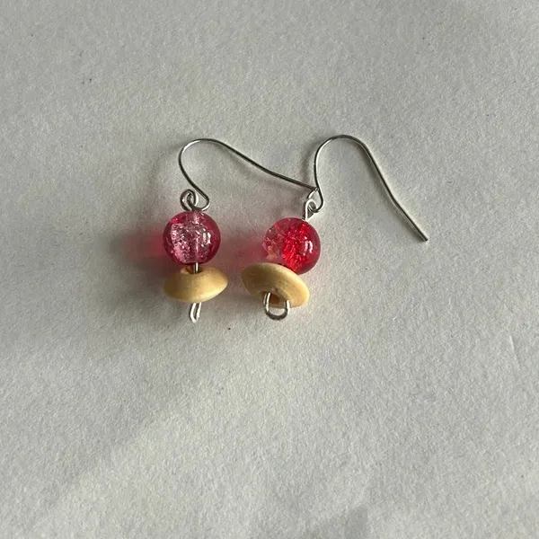 3/$20 Red and Tan Dual Crystal Beaded Silver Plated Dangling Drop Earrings - Image 2