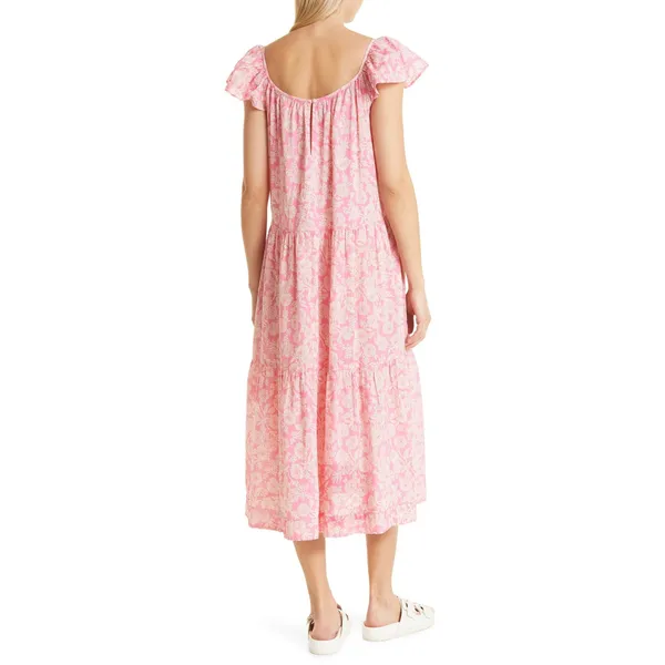THE GREAT. The Plumeria Cotton Midi Dress Pink Floral Tiered Size 3 Large L - Image 3
