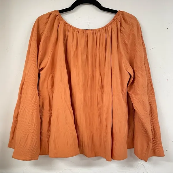 Elizabeth & James Orange Crepe Long Sleeve Boho Womens Blouse L Bell Sleeve - Image 6
