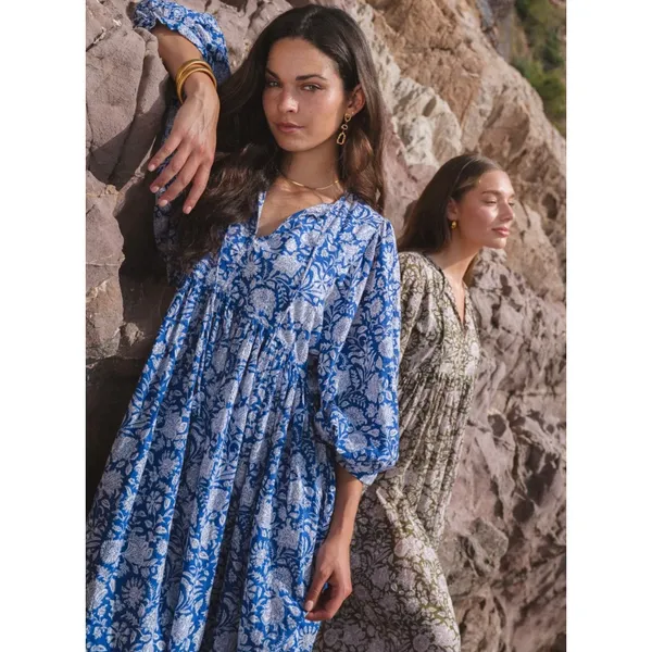 House of Sundar Maya Midi Dress 3XL Blue Iris Block Print Cotton Cottagecore - Image 2