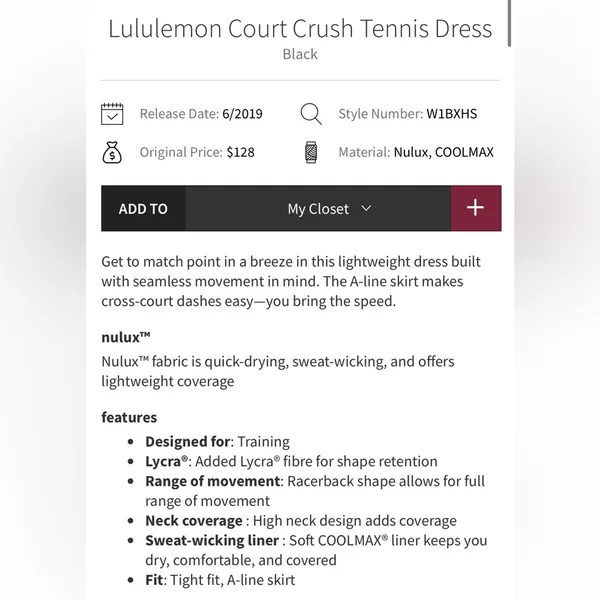 Lululemon Court Crush Tennis Dress Nulux in Black Size 0,2? - Image 7