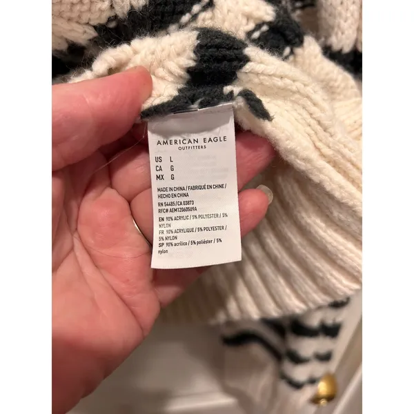 American Eagle Women L Cream Black Striped Cable‎ Knit Crew Neck Sweater Relaxed - Image 6