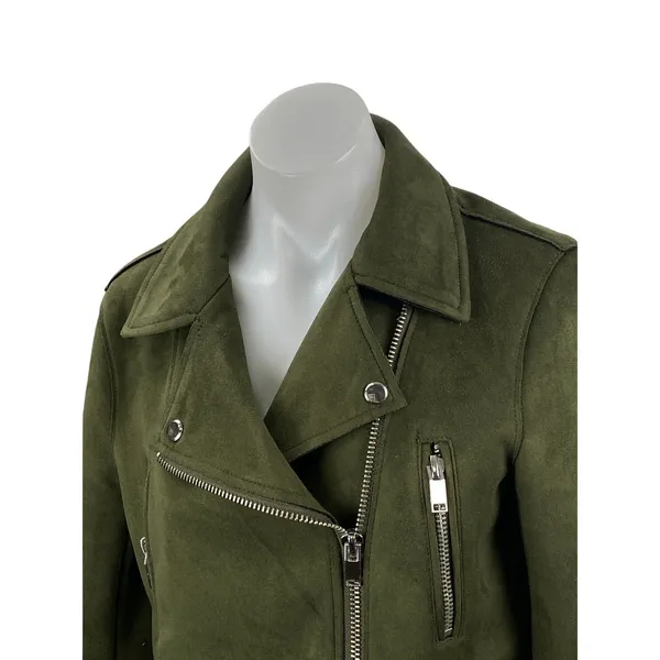 Zara Women's Green Faux Suede Belted Full Zip Crop Moto Biker Coat Jacket Size M - Image 2