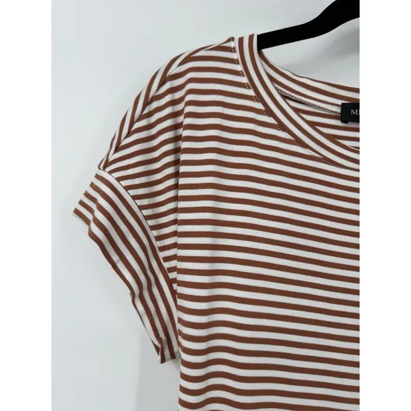 MEROKEETY Striped Sheath T-Shirt Dress M • Brown White • Tie Waist • Summer • NW - Image 3