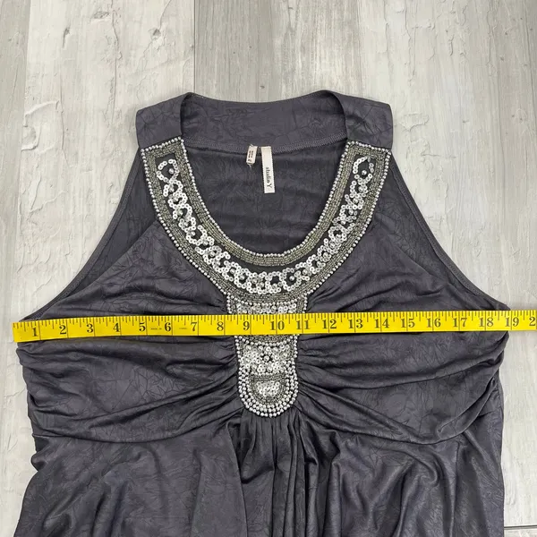 Studio Y Gray Sleeveless Tunic Beaded Sequin Top XL Y2K Clubwear Slinky Longline - Image 8