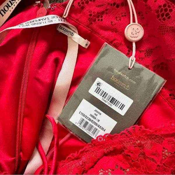 House of CB Longsleeve Satin & Lace Mini Dress M - Red - Image 6