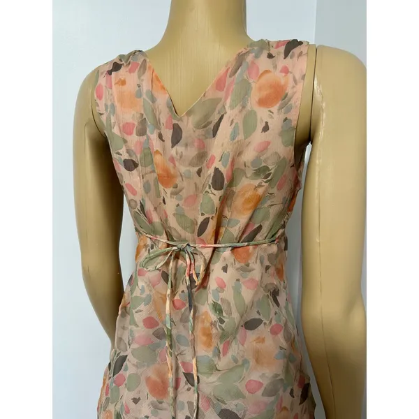 Y2K Mimi Maternity Silk Floral Midi Dress Peach V-Neck Ruffle Whimsy Fairy Small - Image 4