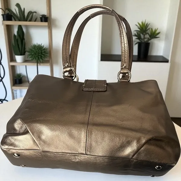 Coach Metallic Bronze Leather Buckle Shoulder Bag Satchel Handbag Purse‎ - Image 5