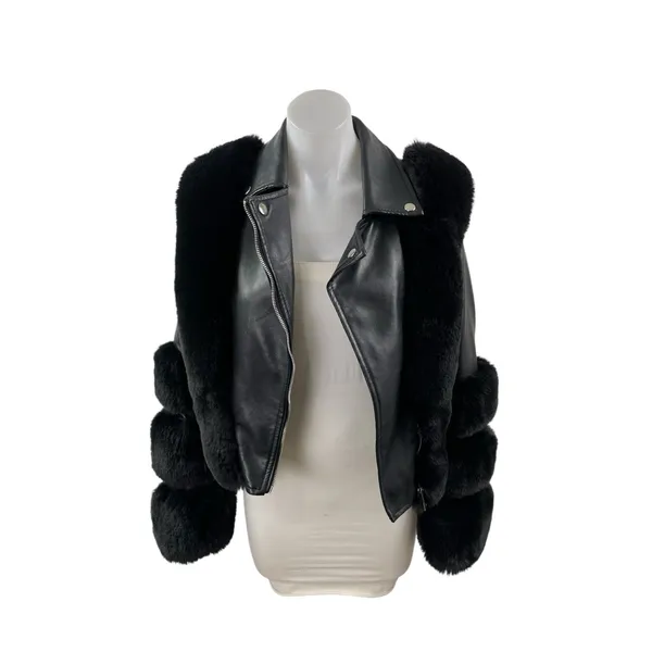 Women's Black Faux Fur Trim Faux Vegan Leather Crop Moto Biker Coat Jacket Sz S - Image 2