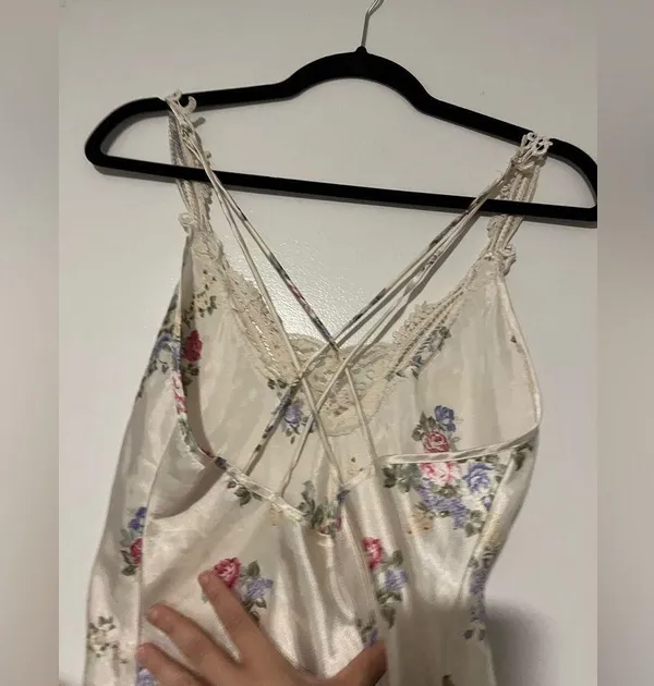 Vintage Floral Satin Slip Nightgown Lingerie Cottagecore pearl dangle midi dress - Image 9