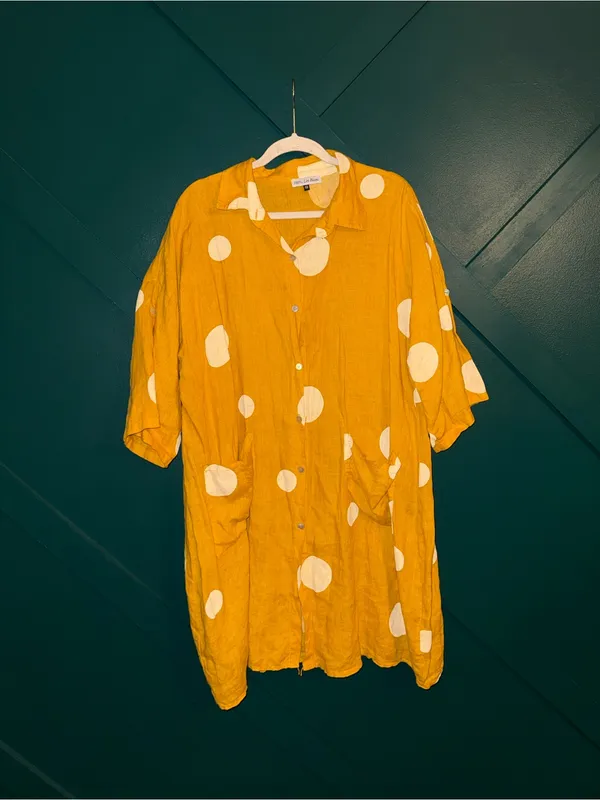 Linen Mustard Yellow Polka Dot Button Front Shirt Dress Tunic Boho Pockets XL - Image 2