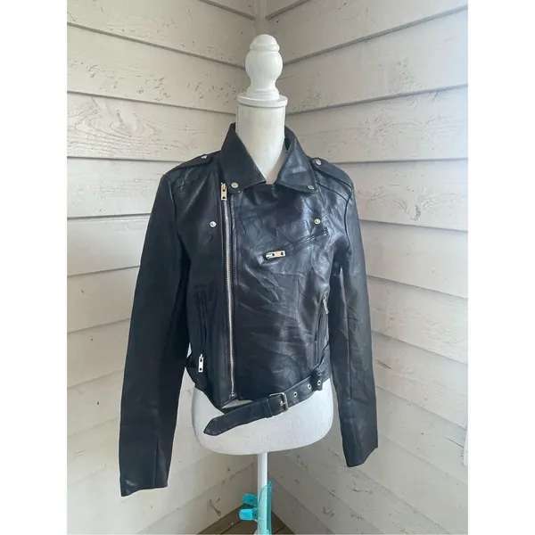 Lulus Women’s Faux Leather Moto Jacket Black L Belted Zippered - Image 12
