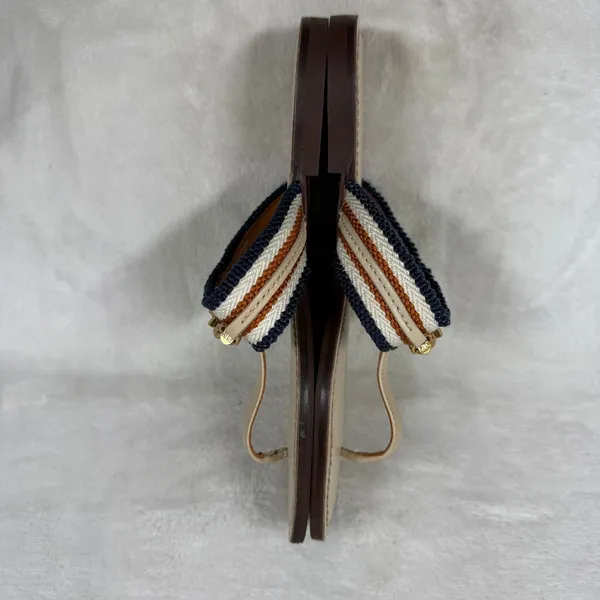 Tory Burch Eleanor Thong Sandal Beige Multi Striped Canvas Gold Chain Flat 5.5 - Image 10