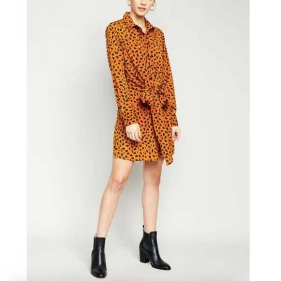 New Tie Front Button Down Shirtdress Animal Print Long Sleeve Mini - Image 3