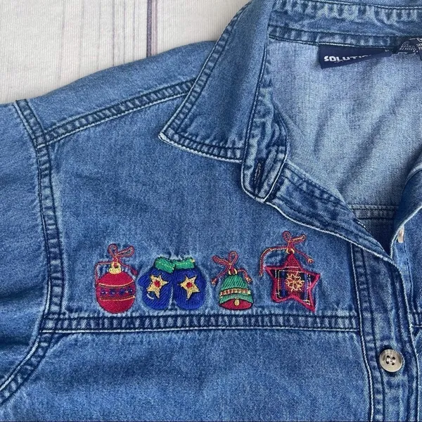 Solutions Denim Christmas Holiday Denim Button Up Shirt Embroidered‎ Small Ugly - Image 10