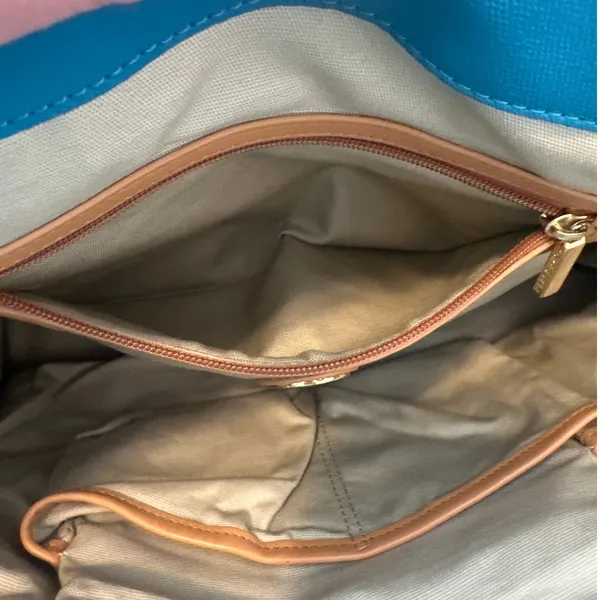 Tory Burch Jaden Tote Blue Canvas‎ Coconut Tan Leather Shopper Bag - Image 15