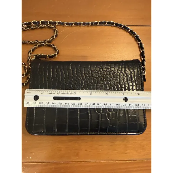 Bebe Fabiola Stamped Crocodile Faux Leather Crossbody Small‎ Handbag Black Gold - Image 9