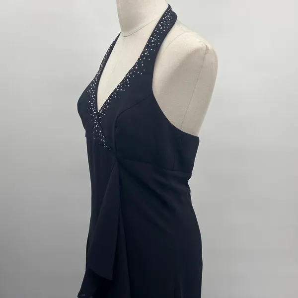 Vintage Y2k Rhinestone Halter Ball Gown V Neck Surplice Ruffle Front Black 4 - Image 7