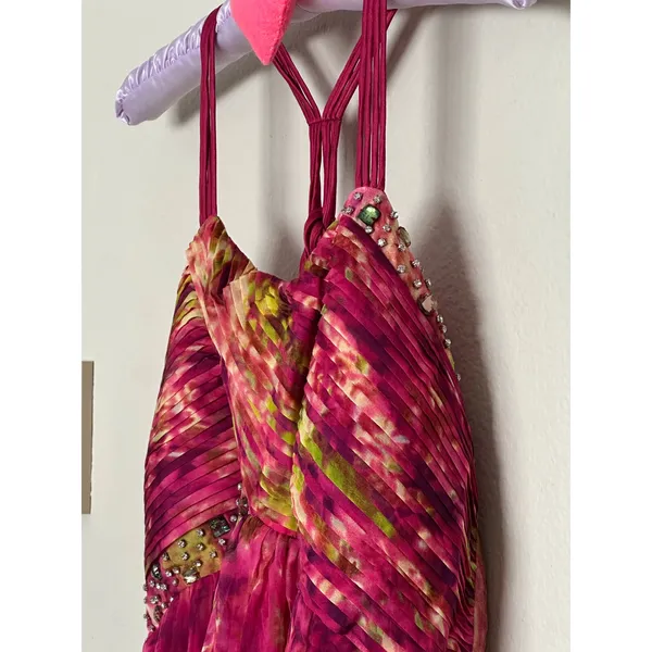 Gorgeous NWT XL Silk Rhinestone Pink Green Maxi Dress Formal Wedding Guest Y2K - Image 4
