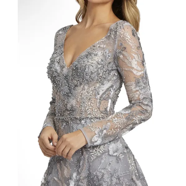 MAC DUGGAL 20214 LONG SLEEVE BEADED APPLIQUE GREY MULTI GOWN Size 6 Dress - Image 2