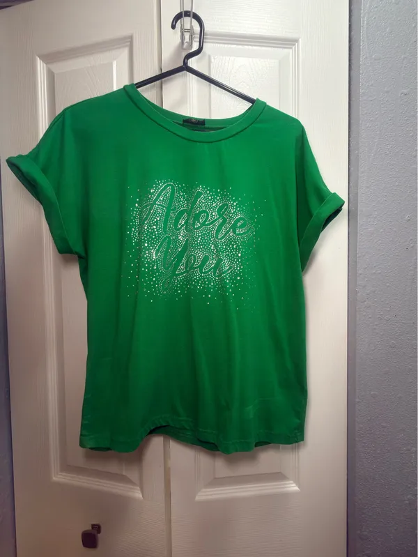 Green Graphic T-Shirt with Rhinestone “Adore You” Print | Short Sleeve Casual Tee - Image 2