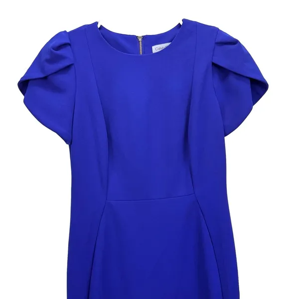 Calvin Klein Royal Blue Tulip Sleeve Stretch Crepe Sheath Dress Size 4 - Image 6