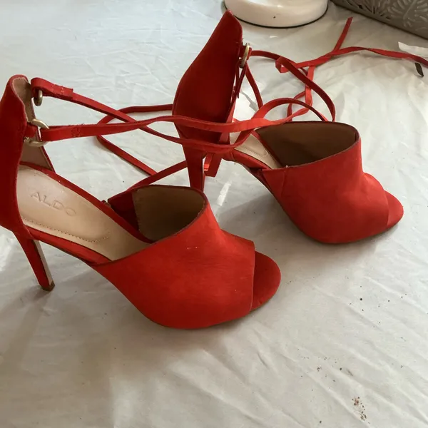 Aldo Red Suede Open Toe Stiletto Heels with Ankle Wrap Straps - Image 3