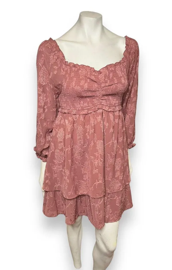Pink Lily | Textured Floral Long Sleeve Cinched Bust Smocked Mini Tiered Dress L - Image 10