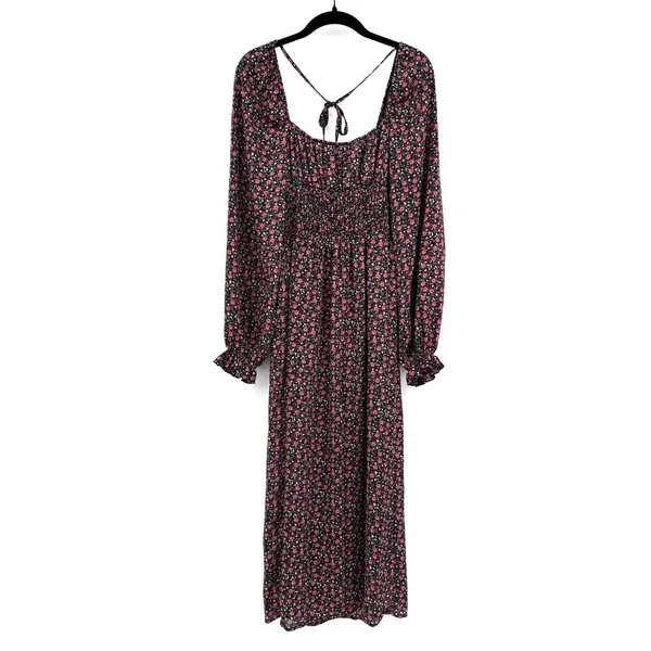 Code Mode Floral Smocked Long Sleeve Midi Dress Black Red Boho Cottagecore Sz M - Image 2