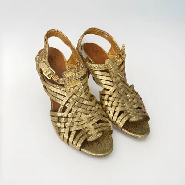 Tory Burch Nadia Metallic Gold Woven Leather Heels Sandals 9M - Image 2