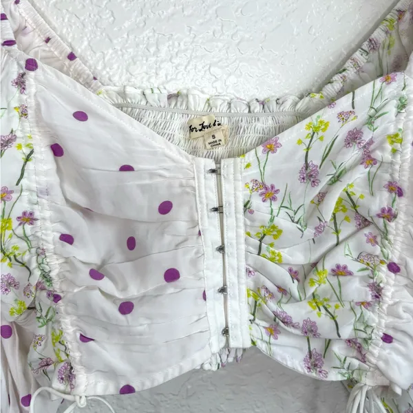 For Love And Lemons Strudel Floral Puff Sleeve Crop Top Floral Polka Dot S White - Image 4