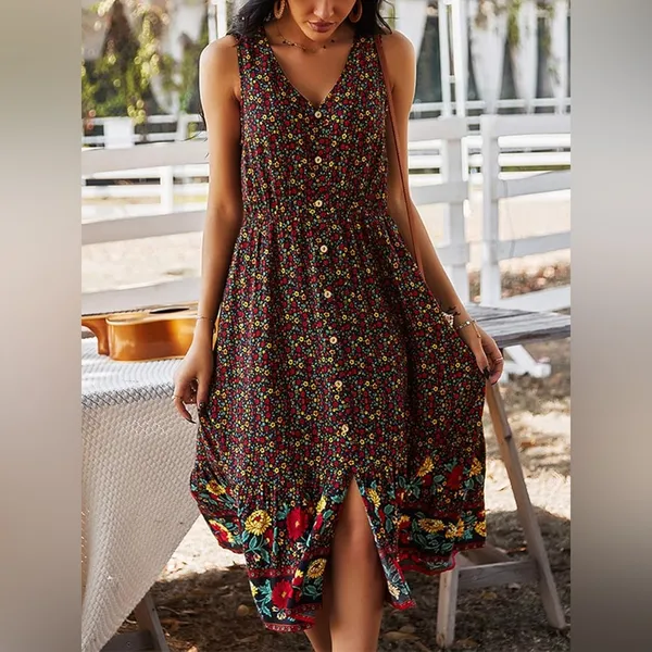 Amazon Bohemian V-Neck Printed Gathered Waist Midi Dress - Image 2