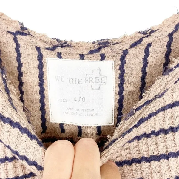 Free People We The Free Tan Striped Raw Hem Ruffle Hem Shirt Sz L - Image 2