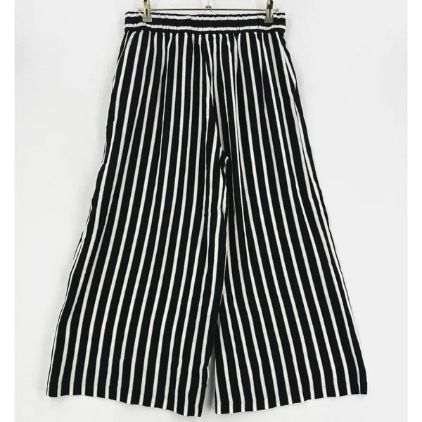 H&M Striped Culotte Pants Women 12 Black White Tan Wide Leg Cropped Pull On - Image 2