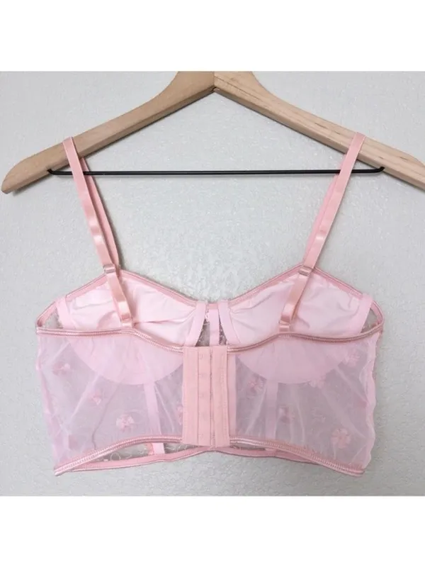 Floral Embroidered Lace Underwire Bralette M Pink Sheer Lingerie Bra Sequin - Image 7