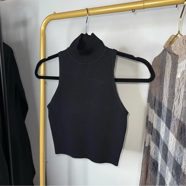 Zara Black Sleeveless Mock Neck Cropped Knit Top Womens Small EUC - Image 3