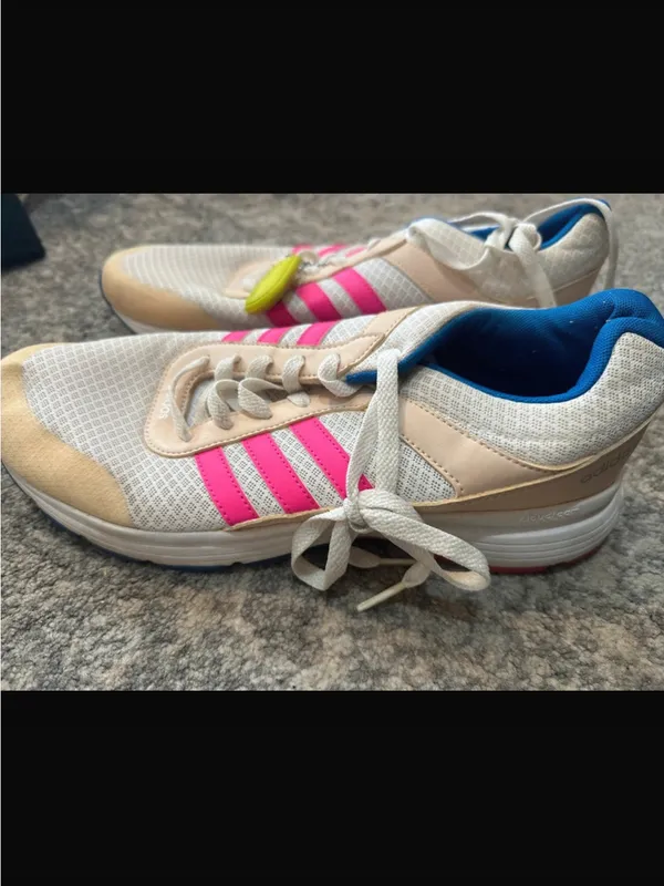 adidas Women White Sneakers with Pink Stripes and Blue Collar - Image 2
