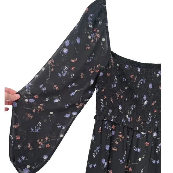 Aritzia Wilfred Black Floral Smocked Square Neck Long Sleeve Midi Dress Sz Large - Image 9
